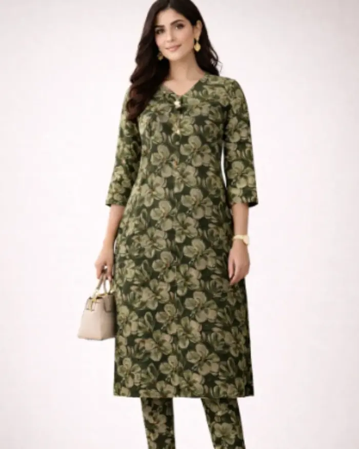 Olive Floral Kurta Set